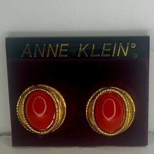 Anne Klein Gold border with Red Stone Clip -on Earrings